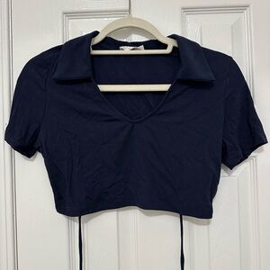 Navy Collared Crop Top